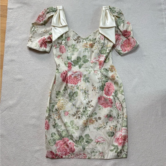 VTG 80s Midnight Glo Brocade Roses Puff Sleeve Bows Mini Dress S - Picture 2 of 9